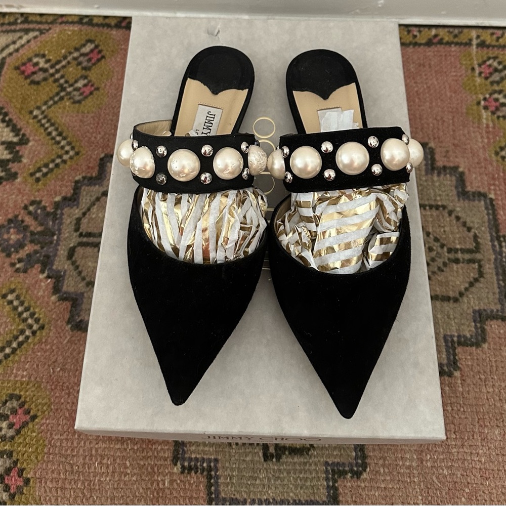 Jimmy Choo Suede Pearly Stud Embellished Basette Flat Mules - Picture 3 of 10
